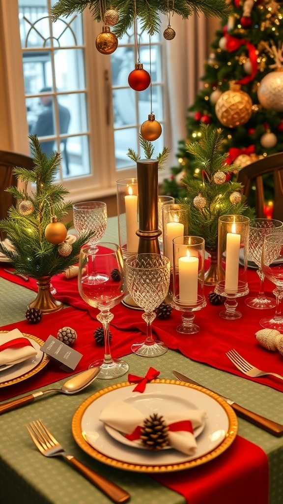 Christmas Table Settings with Mini Trees A festive Christmas table setting with mini trees, candles, and elegant dinnerware.